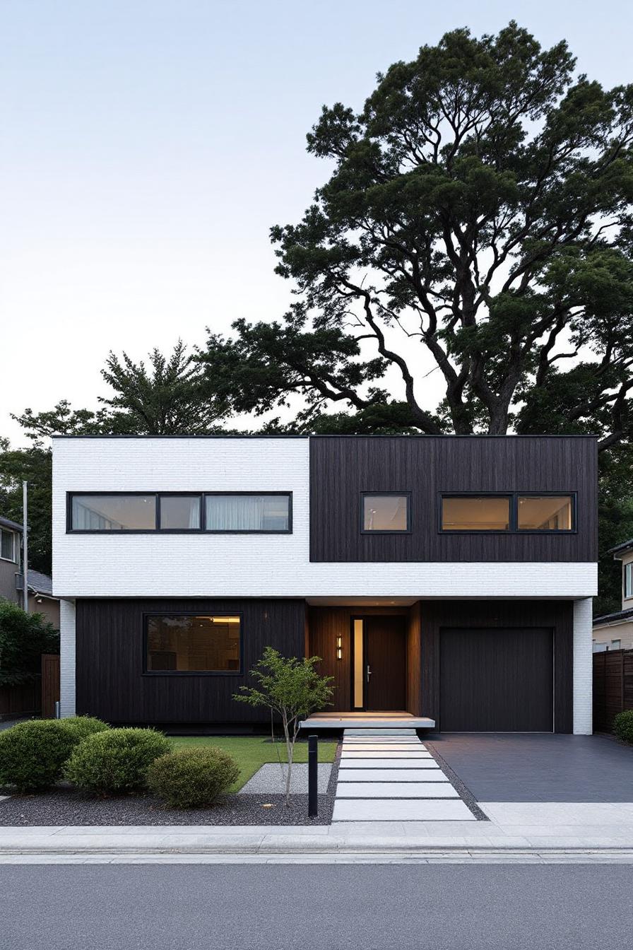 Minimalist two-story house with contrasting materials and trees in the background