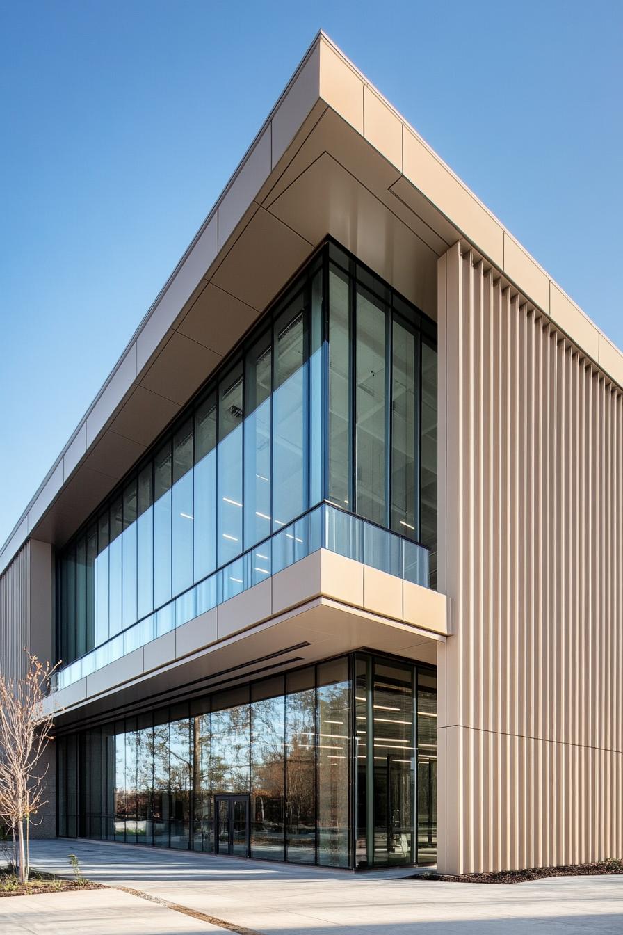 Modern building with large glass windows and beige paneling