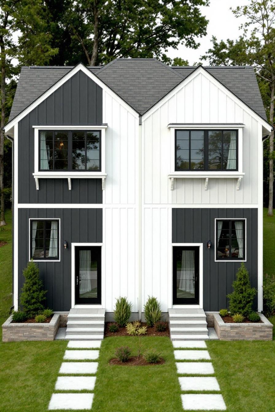 Modern duplex house with distinct entrances on each side of the duplex symmetrical facade with a central gabled projection sections of vertical