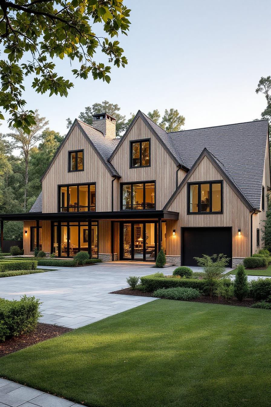 Modern wooden farmhouse with large windows