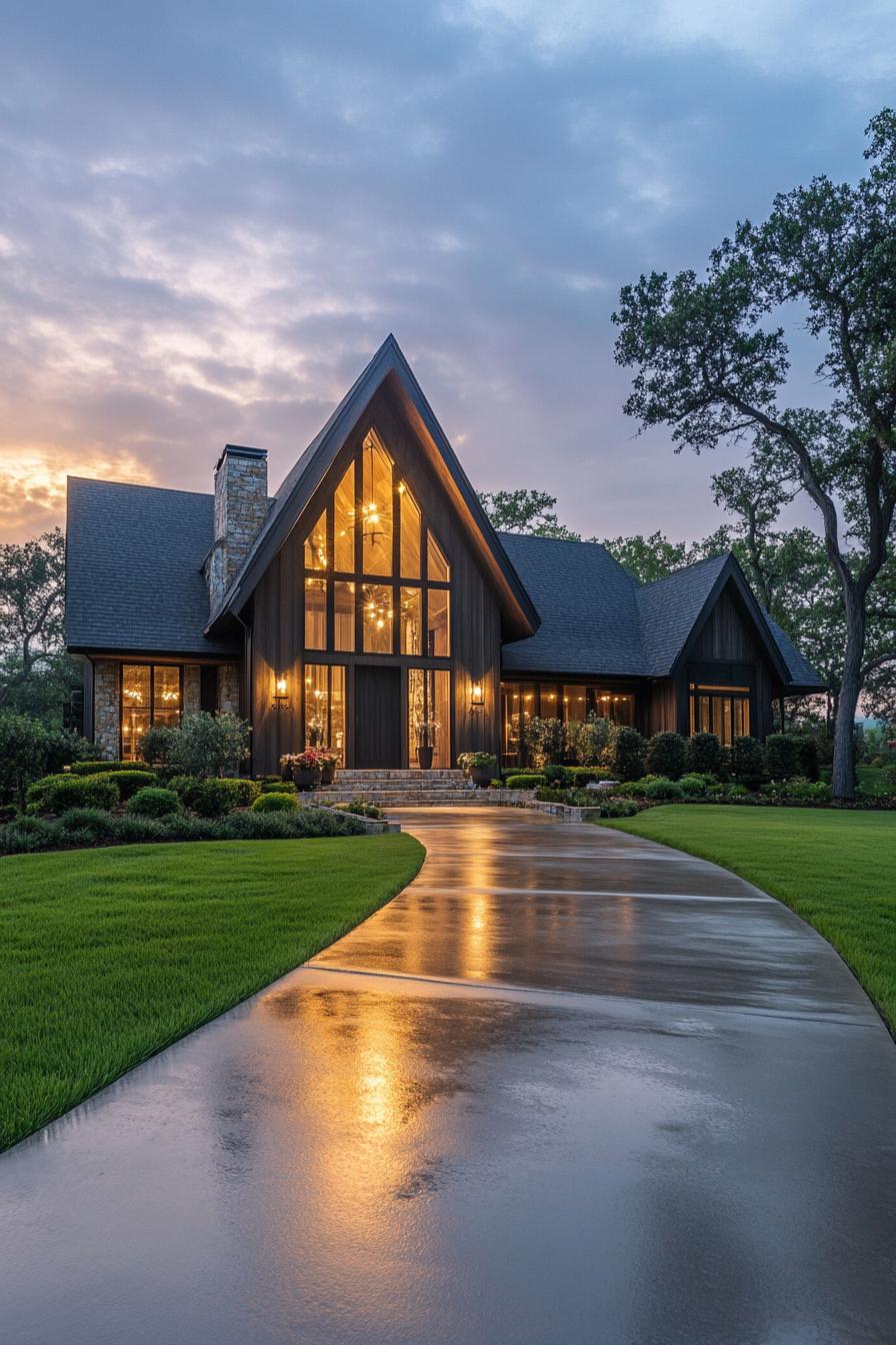 Evening glow of a charming countryside farmhouse with large windows