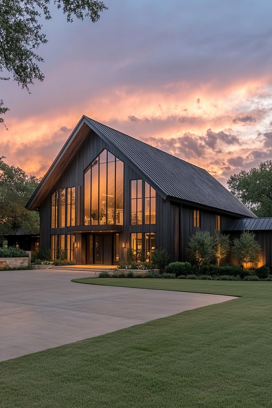 Modern farmhouse with large windows and sunset sky