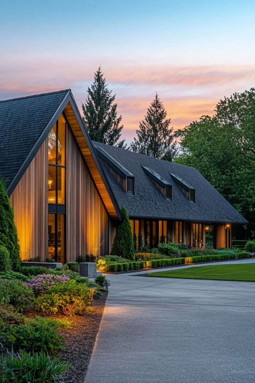 Modern farmhouse with sloping roof and glowing windows at sunset