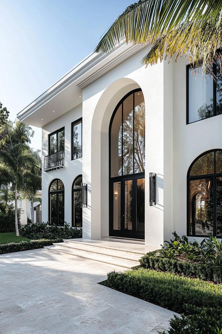 Modern neoclassical house with large arched windows and palm tree