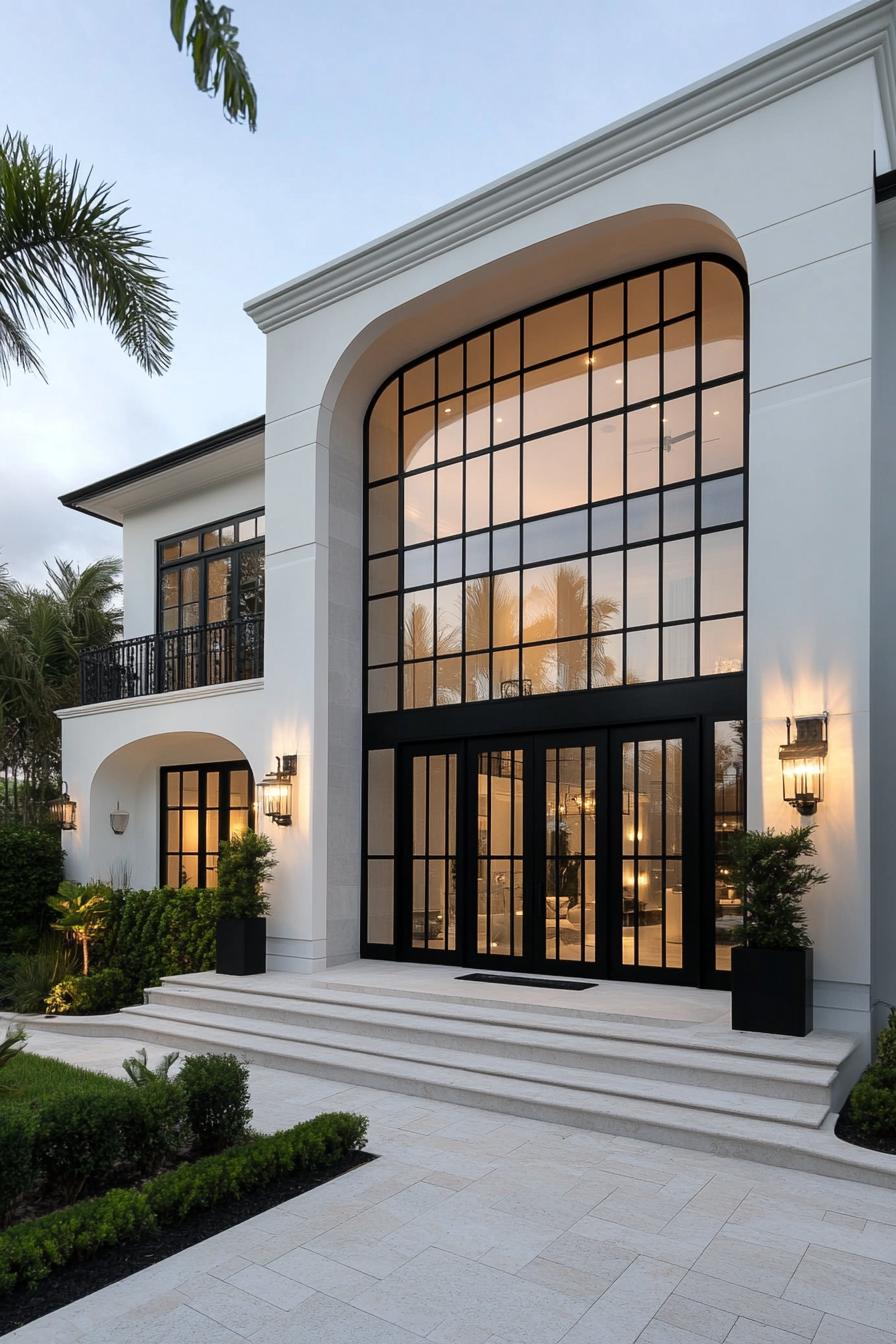 Modern neoclassical house with large arch windows and soft lighting