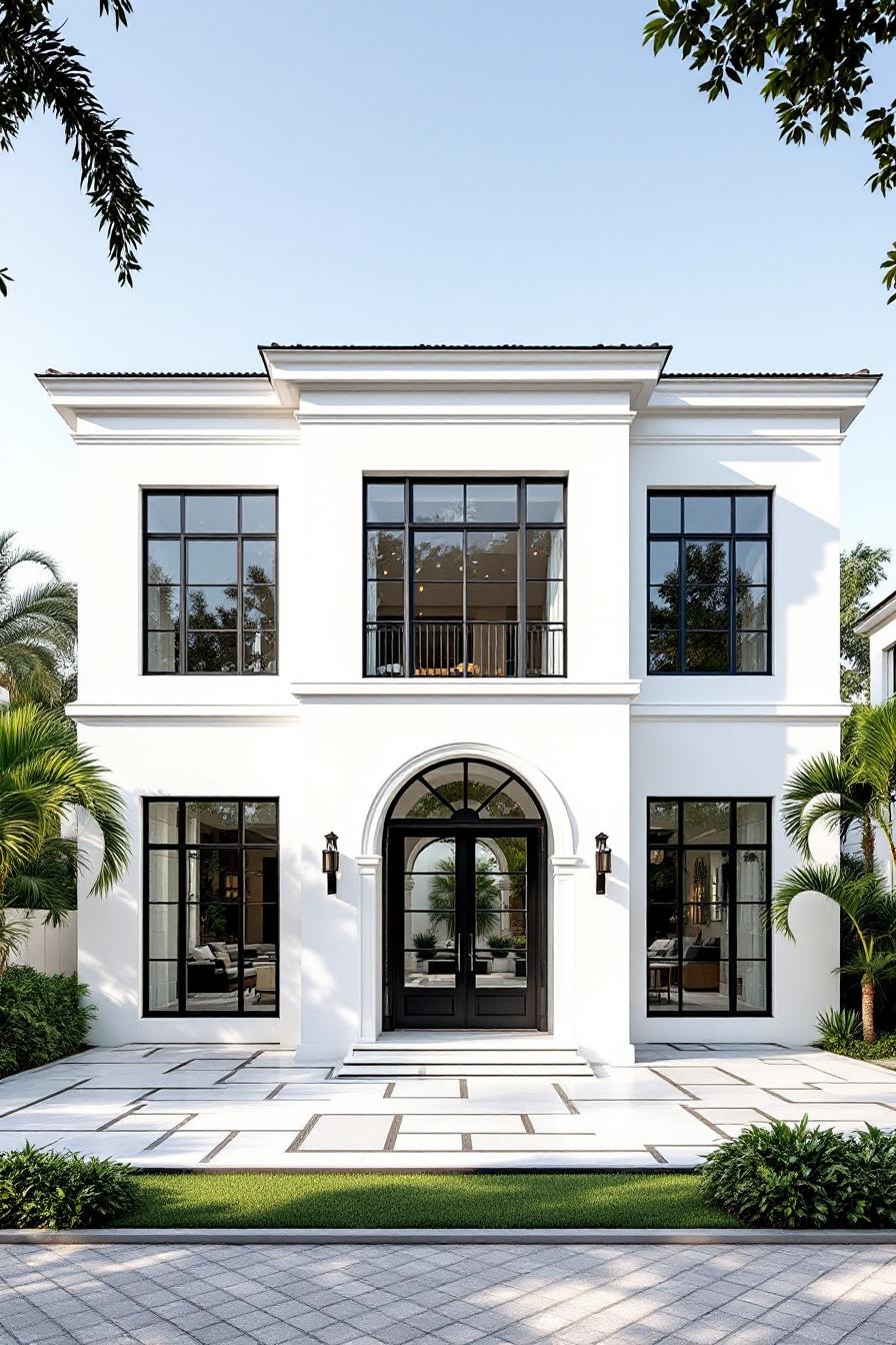 Modern neoclassical house with large windows and palm trees