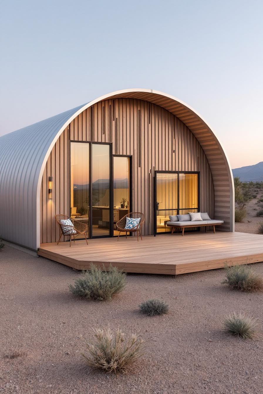 Cozy Quonset hut with a wooden deck