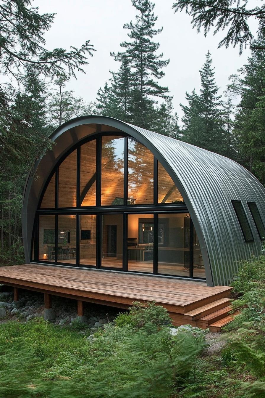 Quonset hut with large glass windows in a forest setting