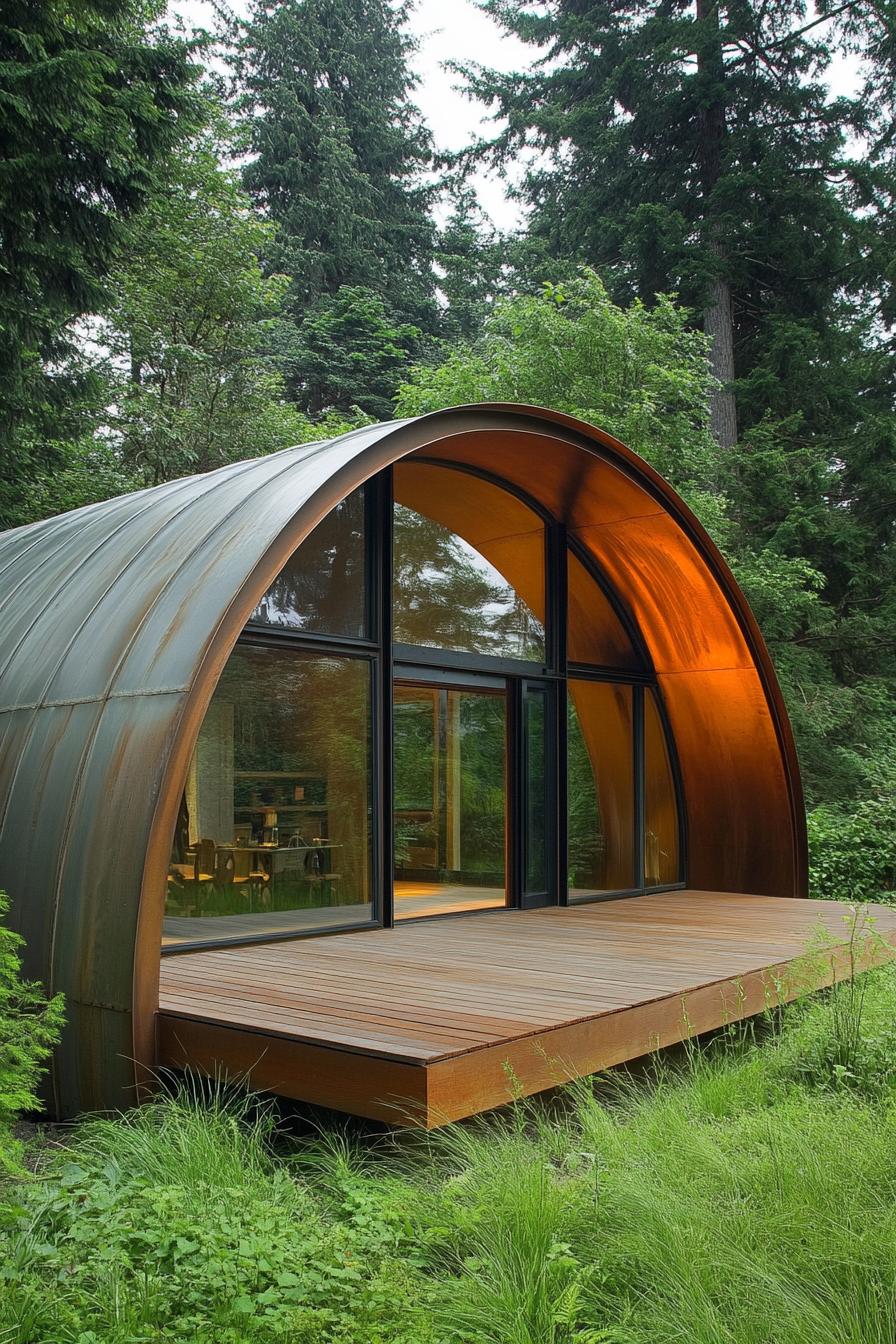 Quonset hut with sleek glass façade in a forest setting