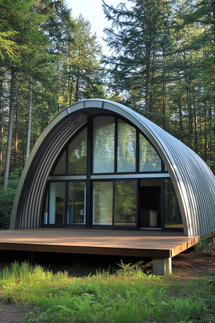 Compact metal Quonset hut in forest setting