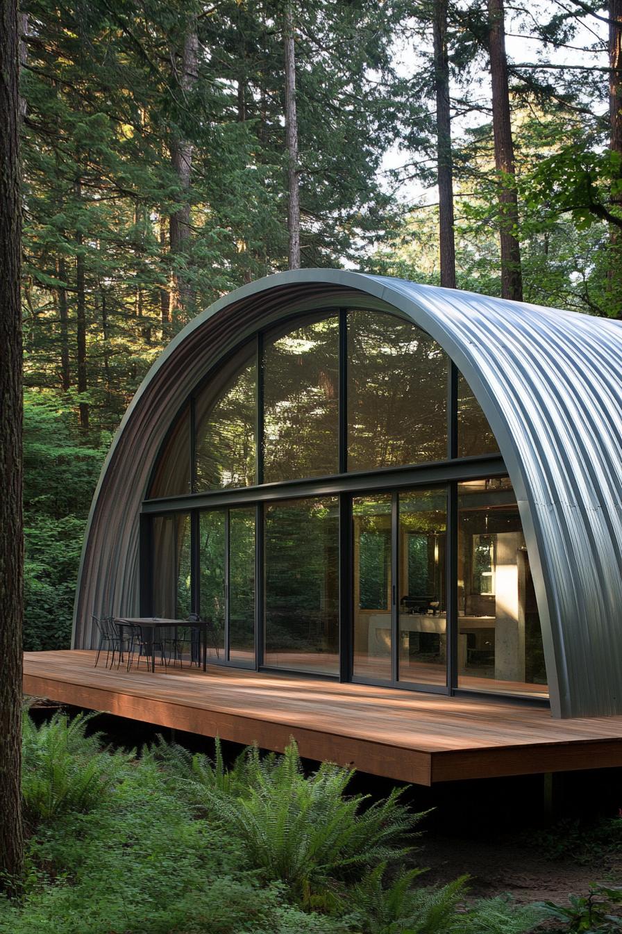 Rounded metal Quonset hut with glass facade and wooden deck in a forest setting