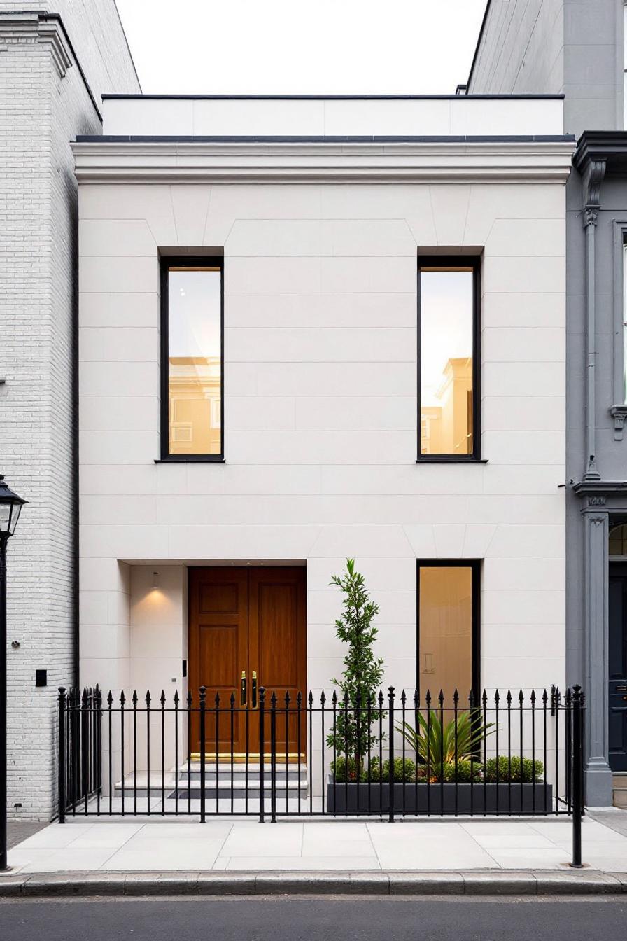 Contemporary townhome with tall windows and a wooden door