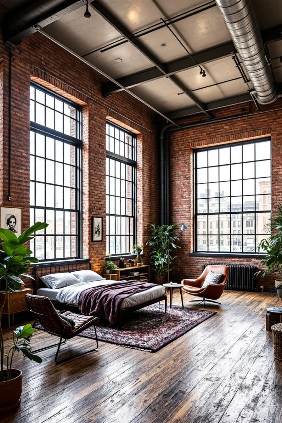 Open loft with brick walls and large windows