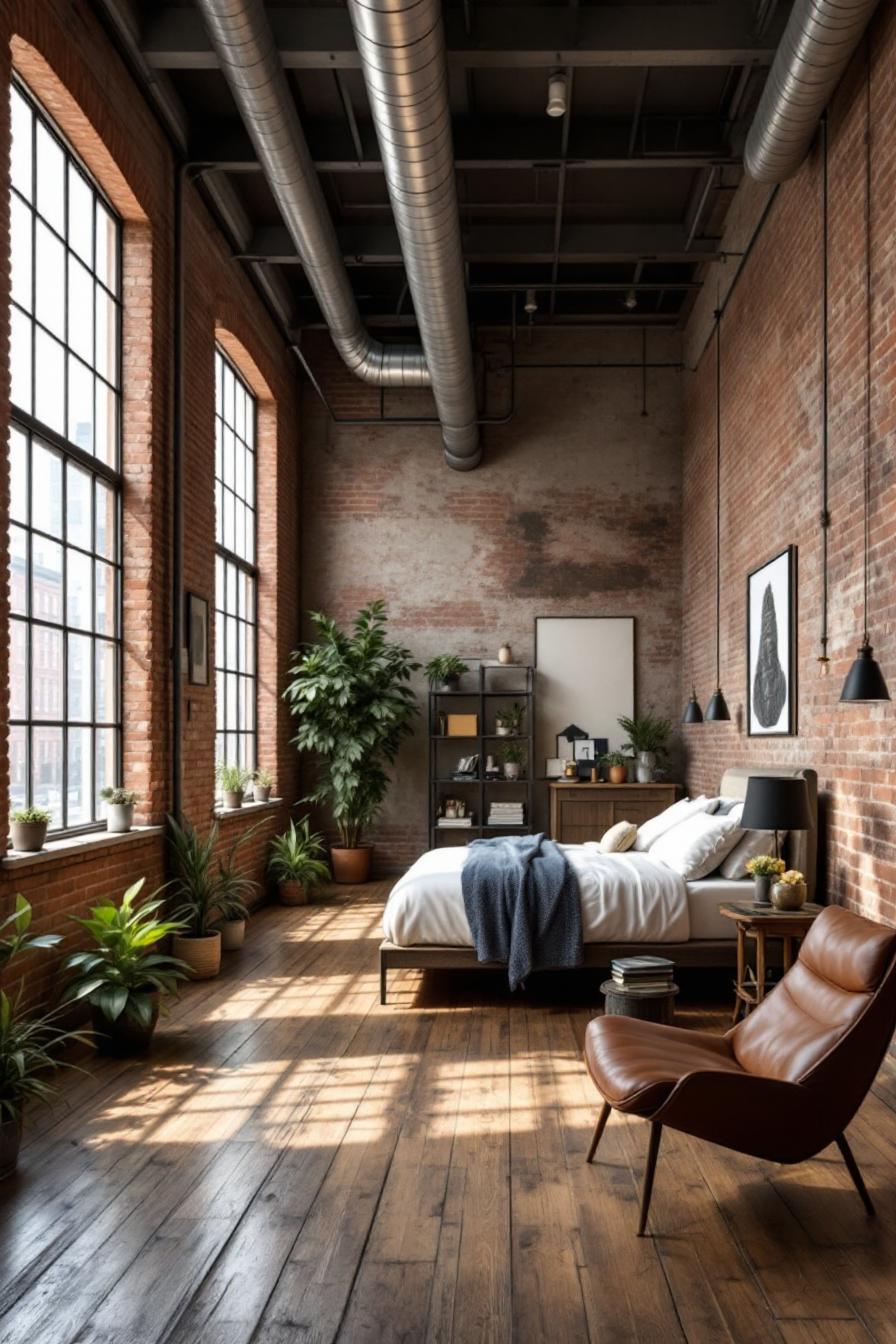 Spacious loft with tall windows and brick walls