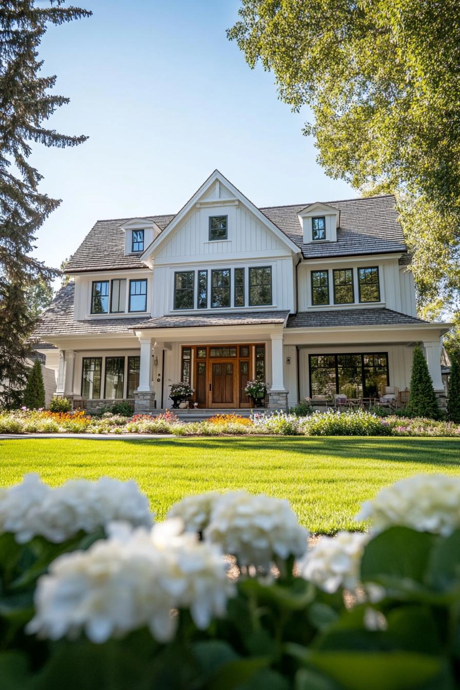 Front view of a large, elegant house with dormer windows