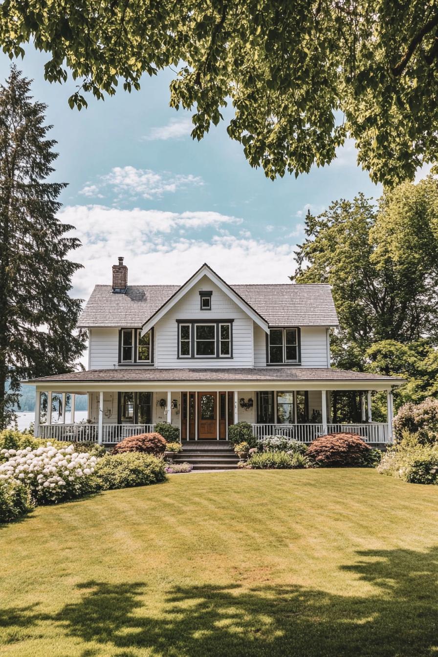 Quaint house with wraparound porch and lush garden