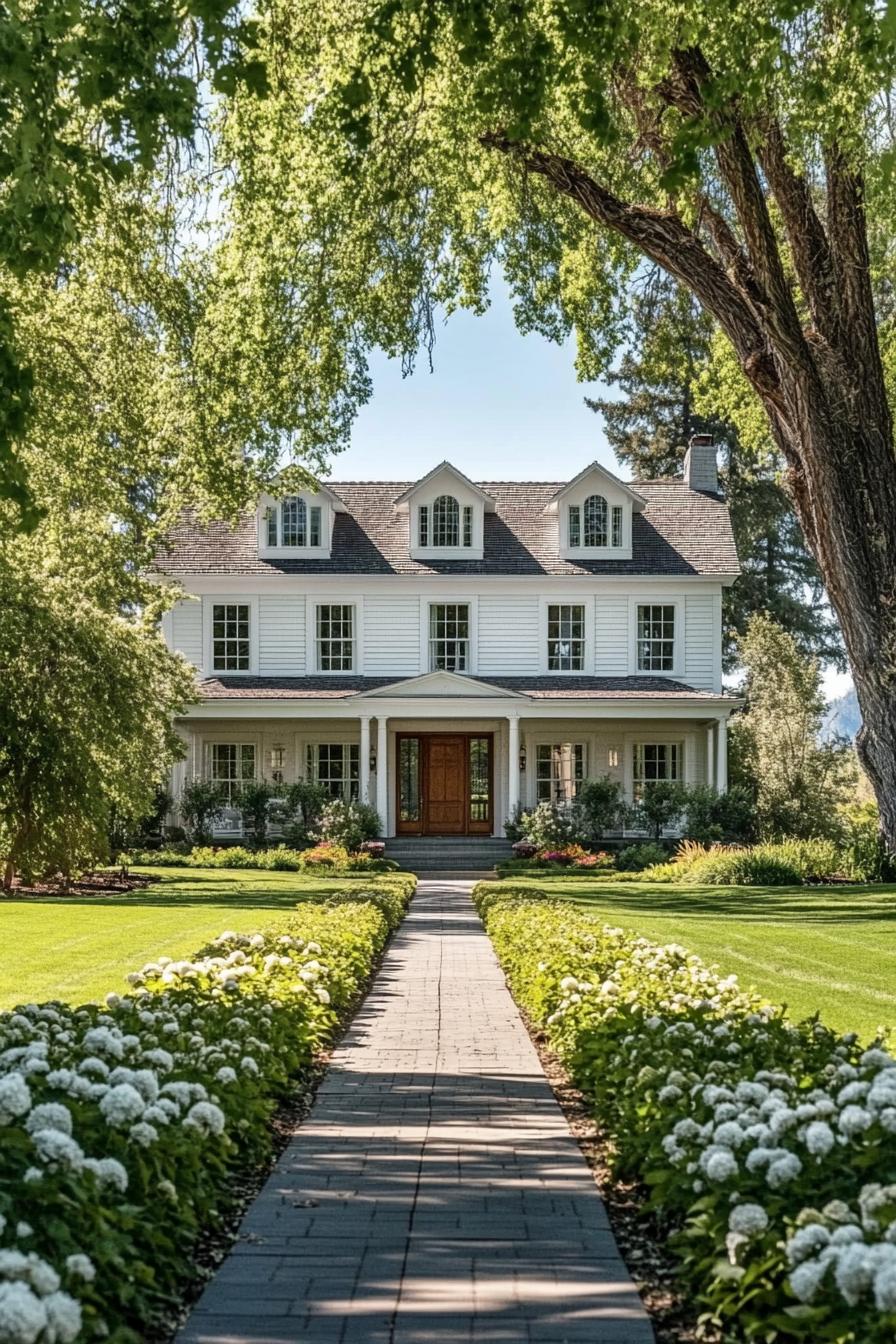 Colonial-style house with dormer windows and a welcoming pathway