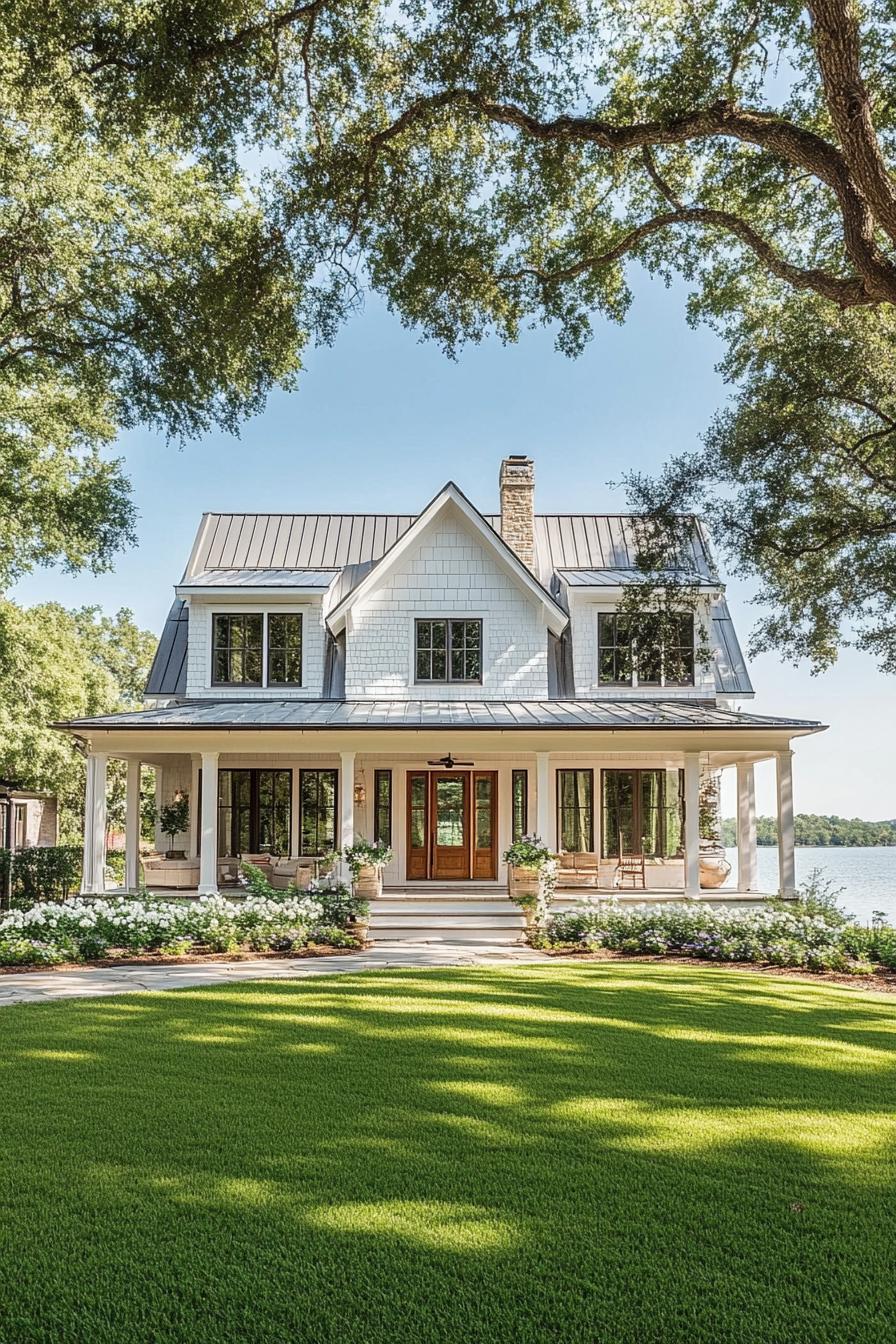 Charming house with a large front porch and lush green lawn