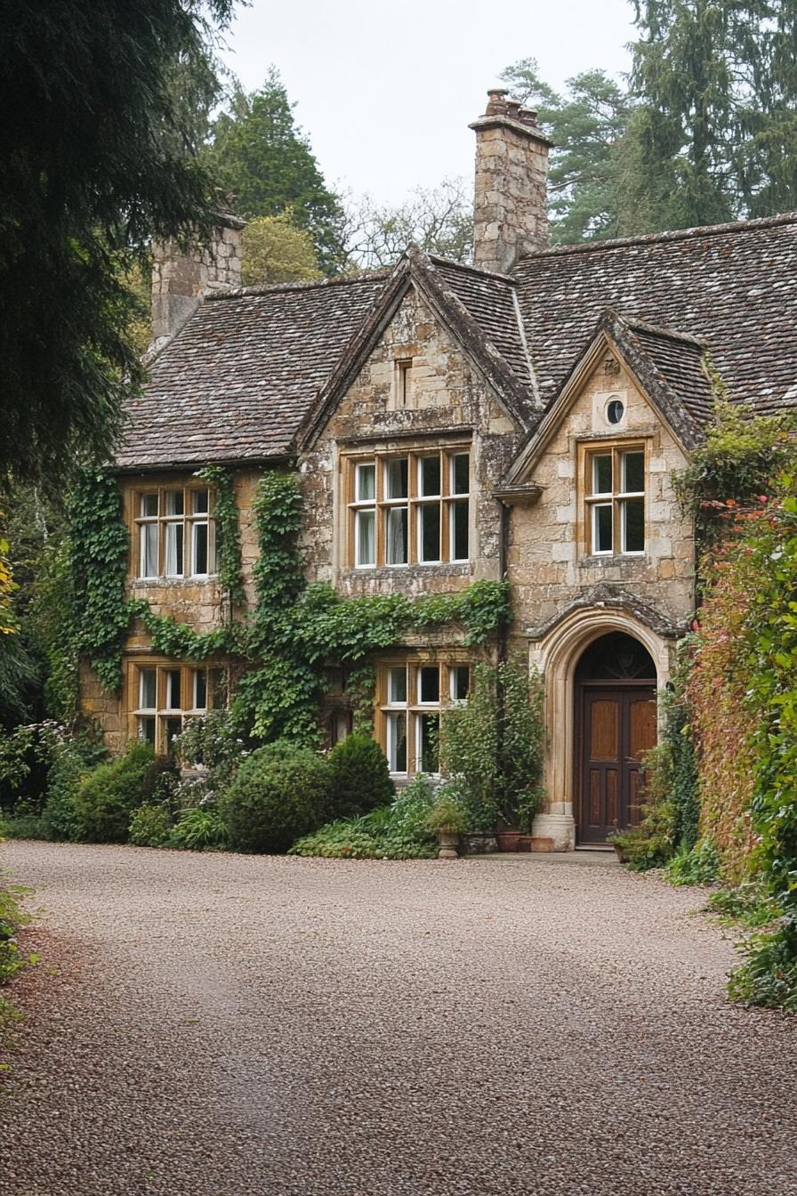 Charming stone house with ivy and an arched wooden door