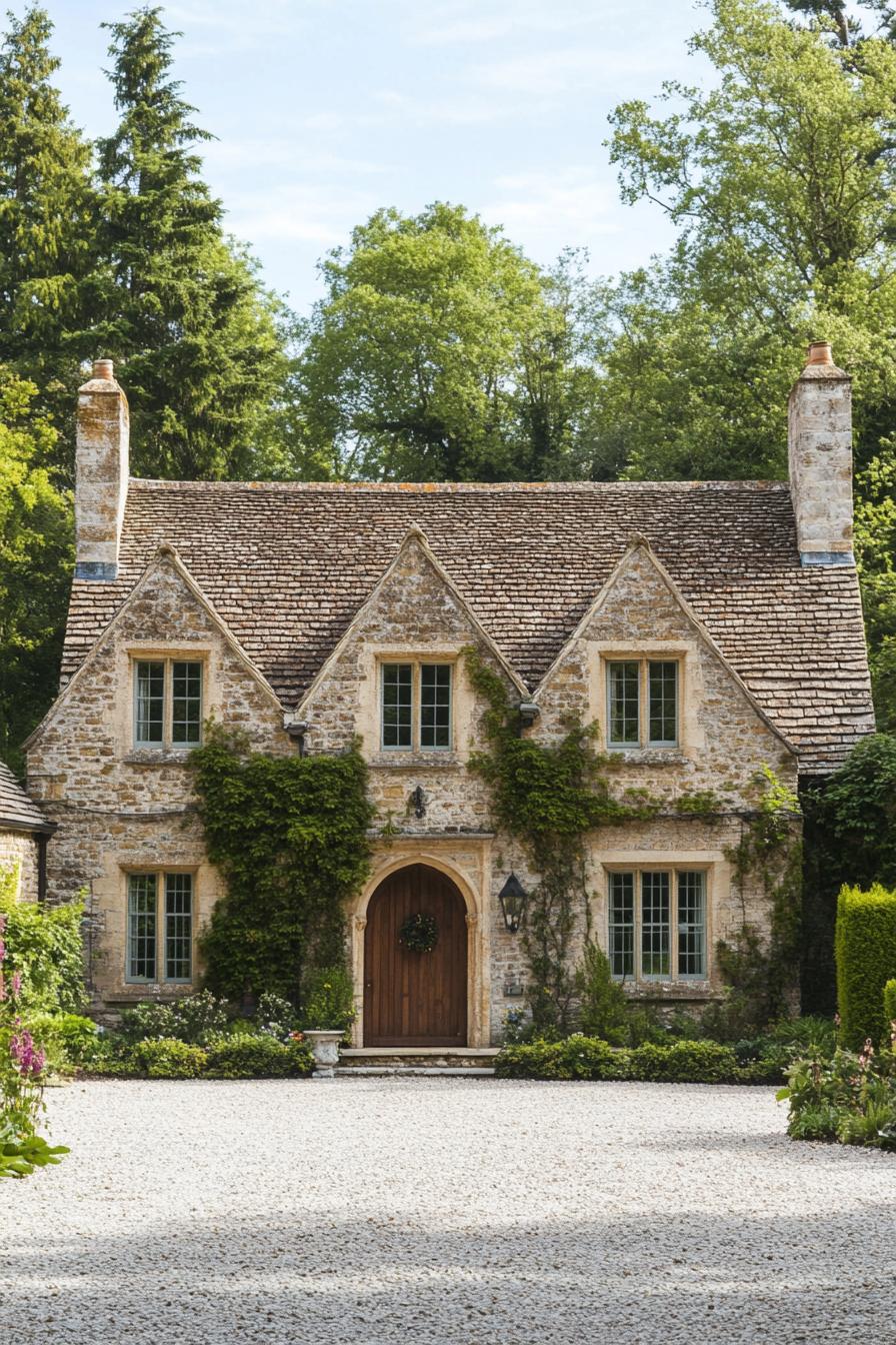 Stone cottage with ivy and peaked roof