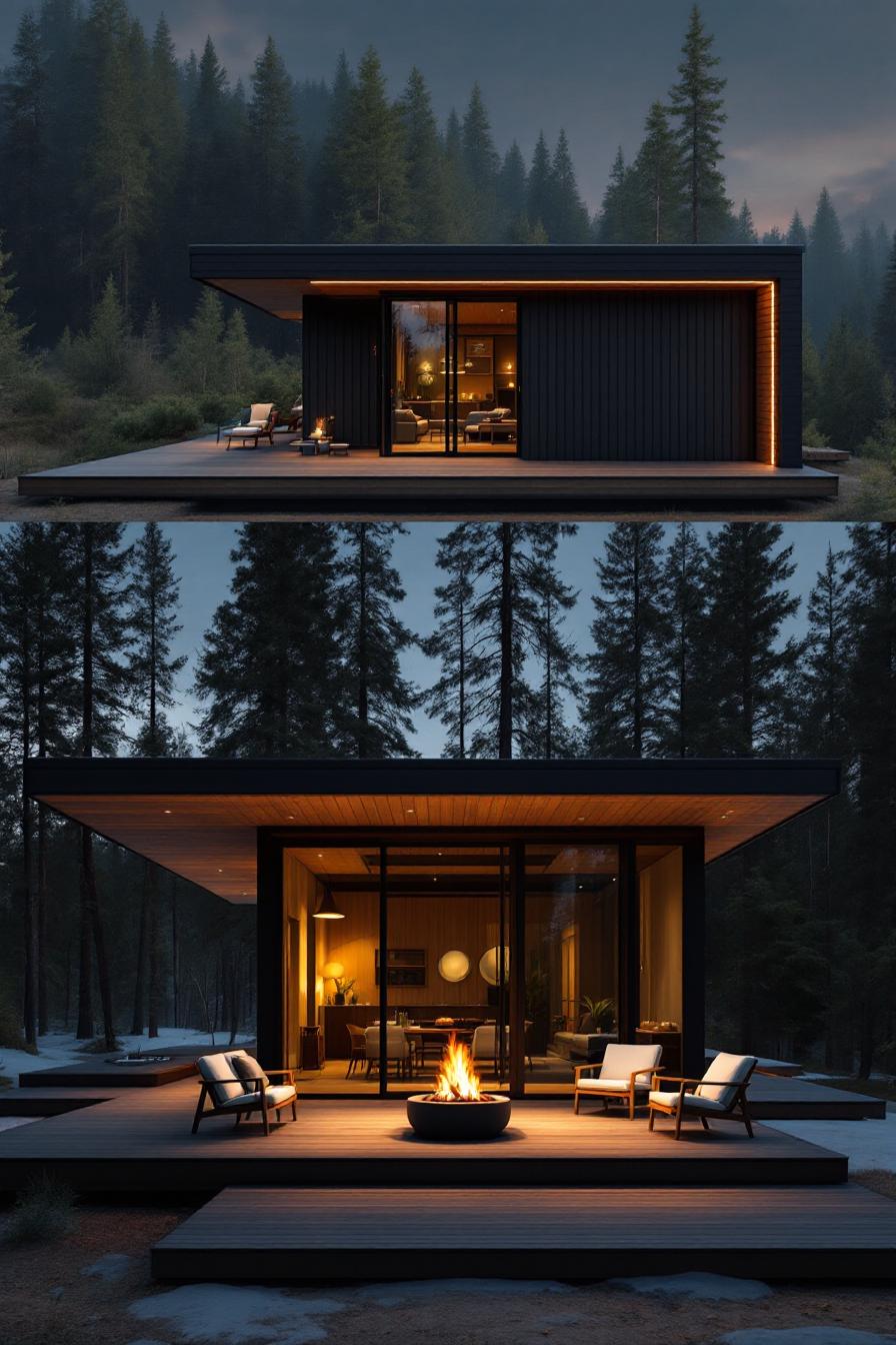 Sleek cabin with fire-lit patio amidst tall trees