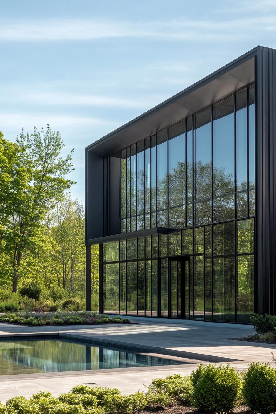 Modern house with large glass windows surrounded by greenery