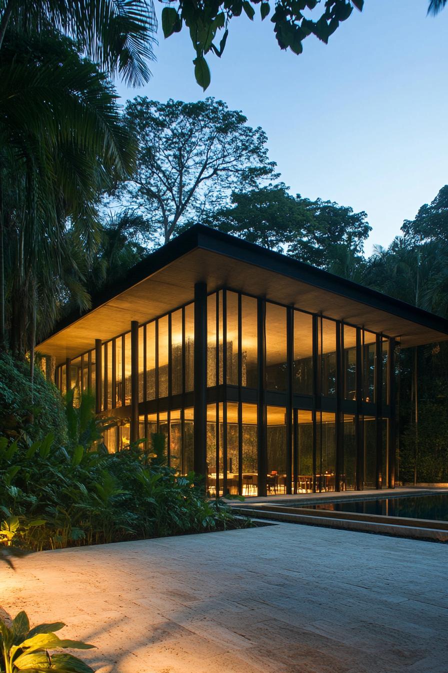 Modern house with expansive glass windows glowing in evening light