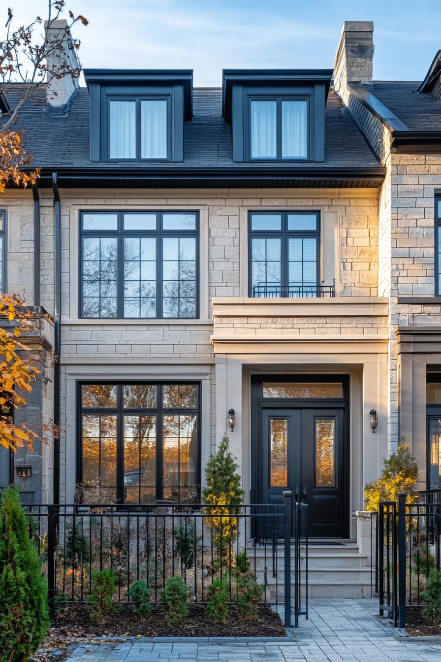 Modern townhouse with stone exterior, black windows, and a small garden