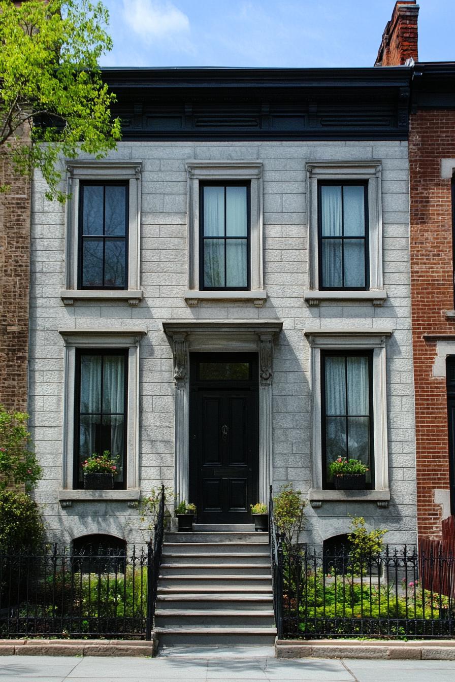 Elegant townhouse with stone facade and black door