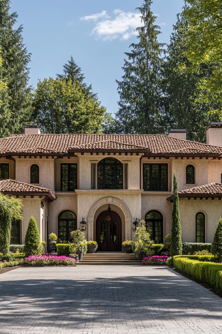 Tuscan house with lush greenery and terracotta roof