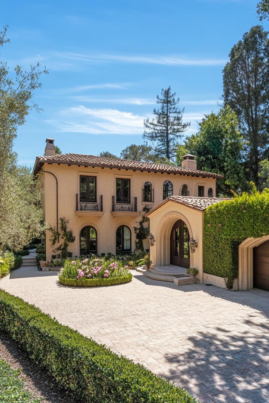 Classic Tuscan villa with arched entrance and lush garden