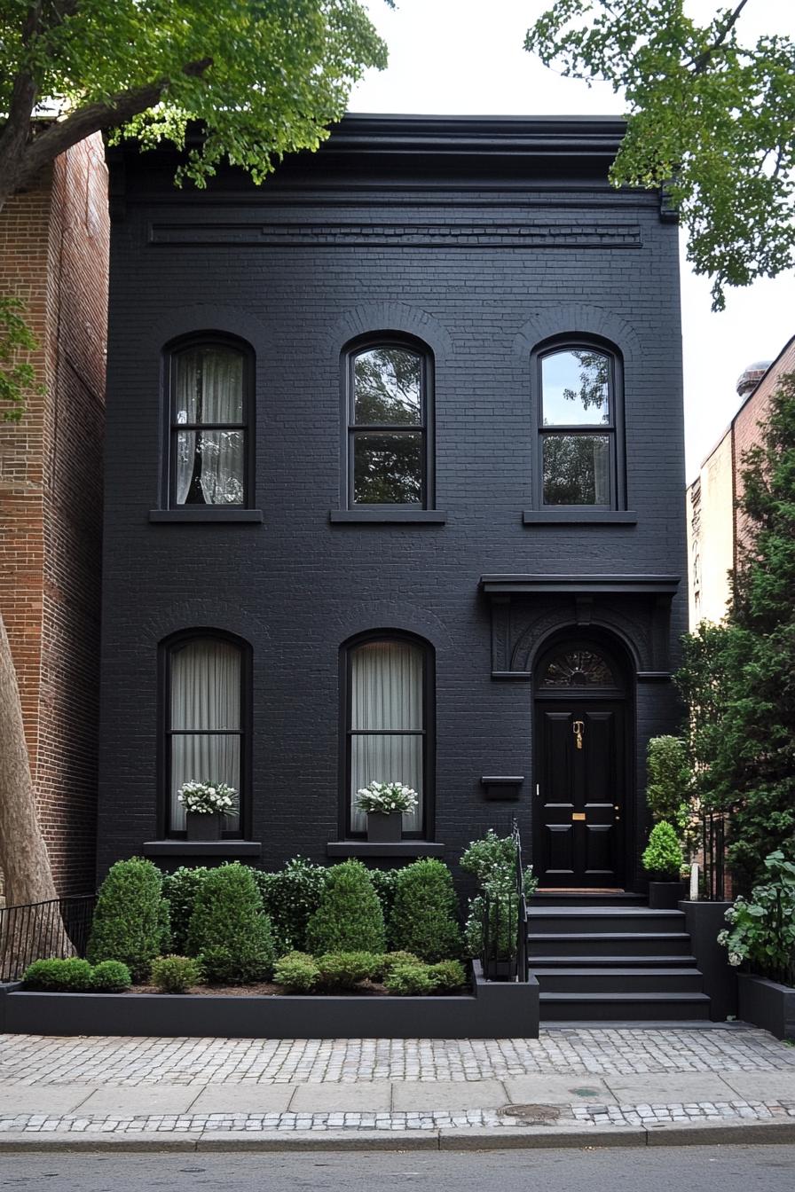 Black-painted house with arched windows, surrounded by lush greenery