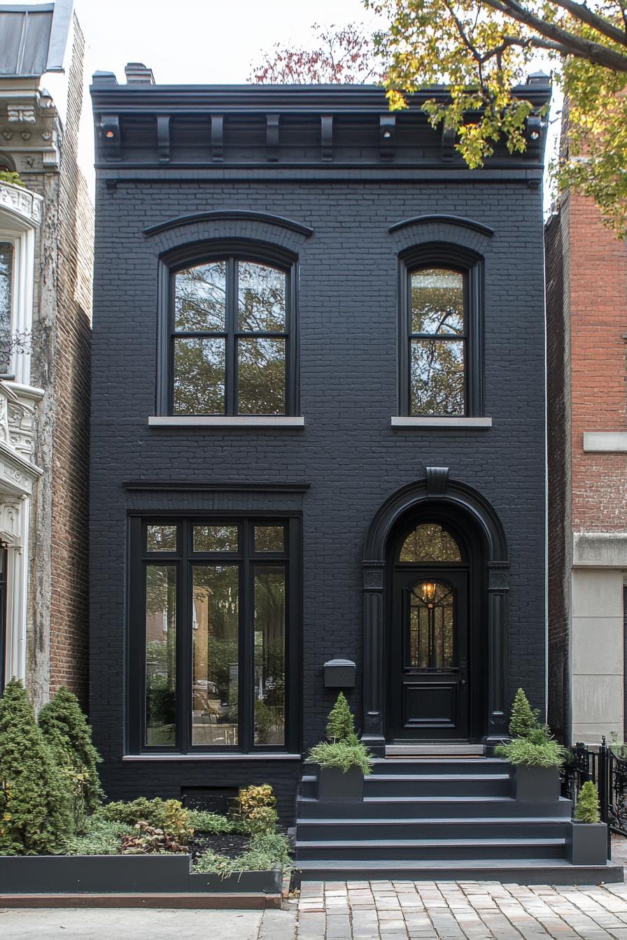 Dark brick house with arched windows and door