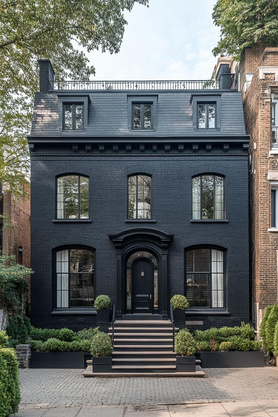 Sleek black façade of a classic house with lush greenery