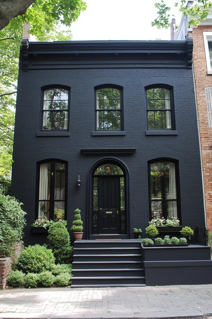 A sleek black house surrounded by greenery