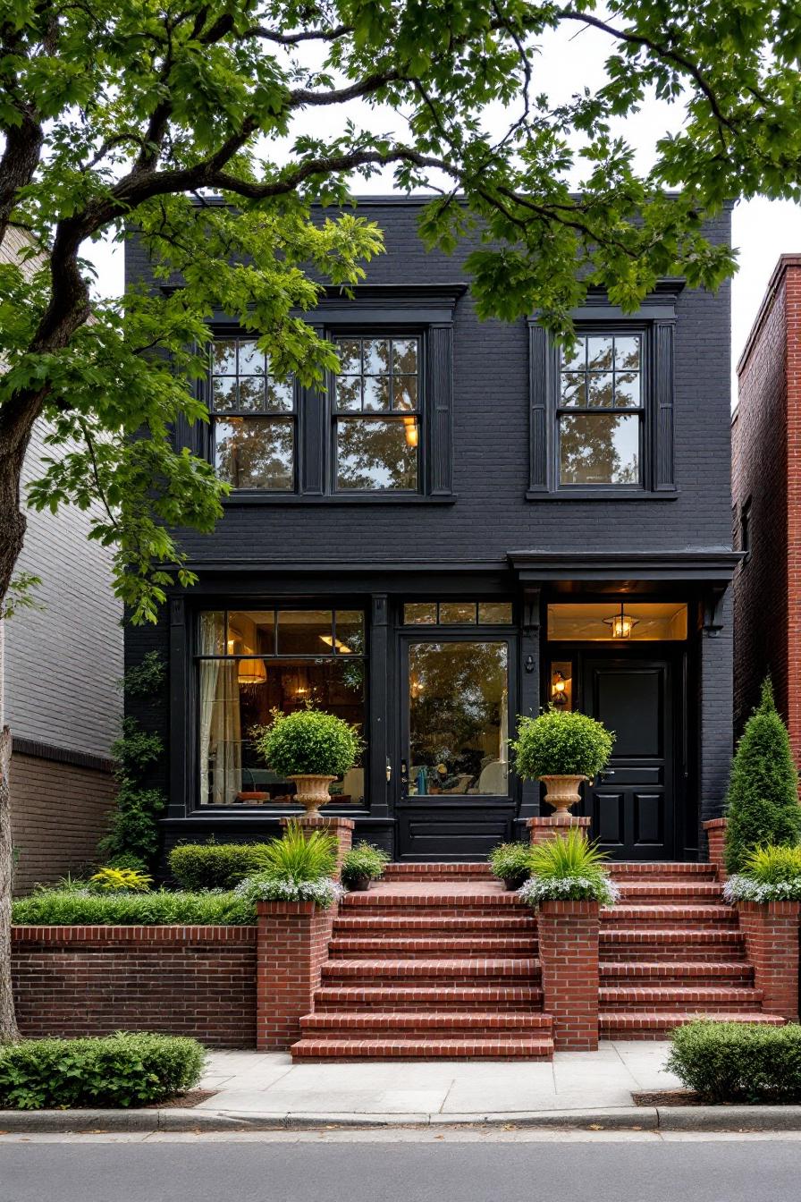 Black facade townhome with brick steps and greenery