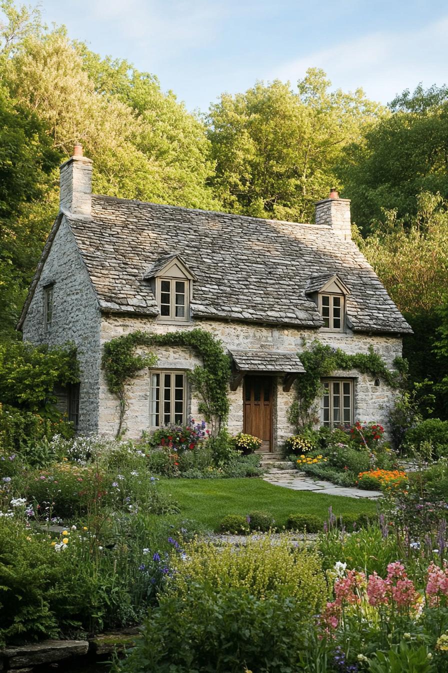 Stone cottage surrounded by lush gardens and greenery