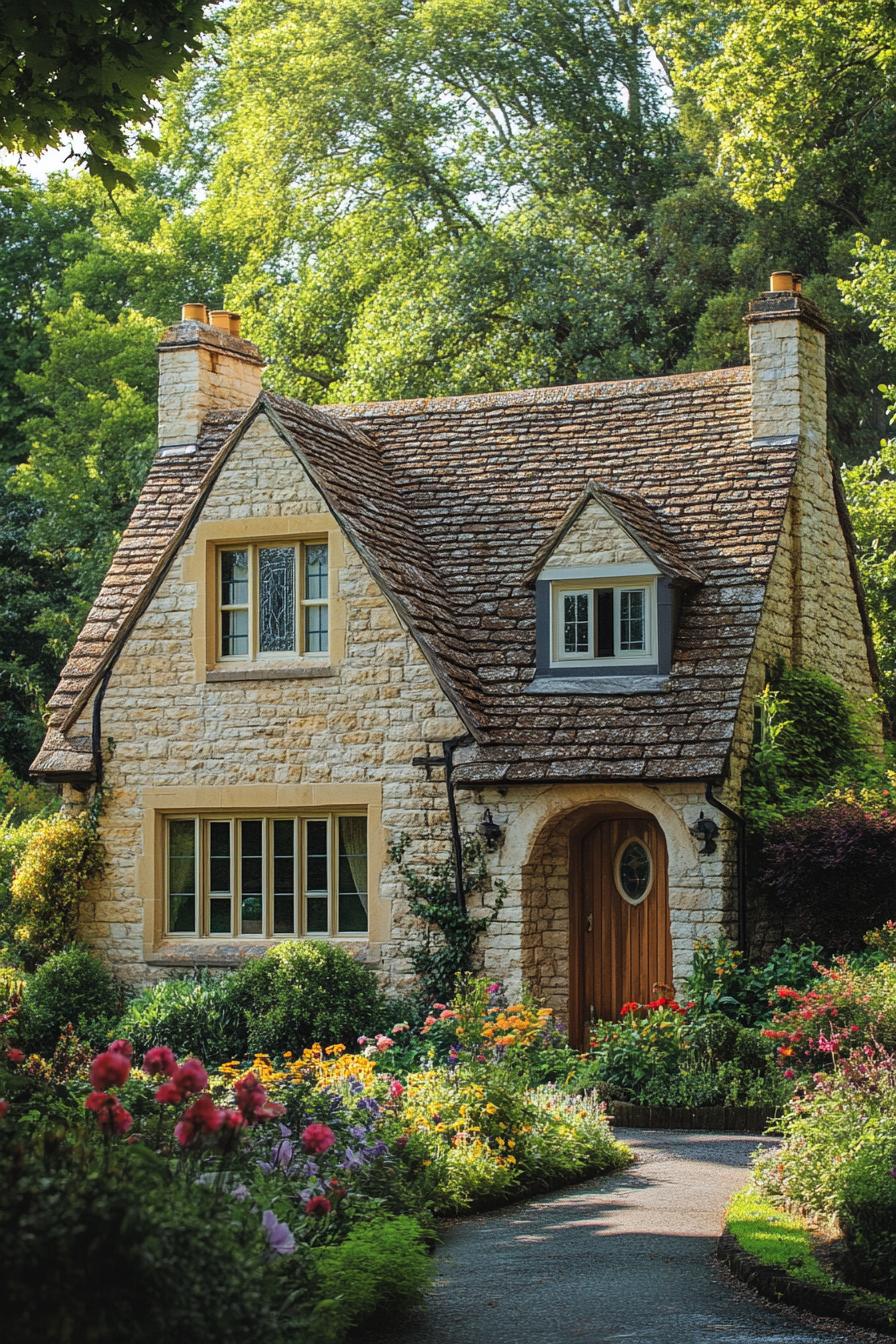 Charming stone cottage surrounded by colorful garden