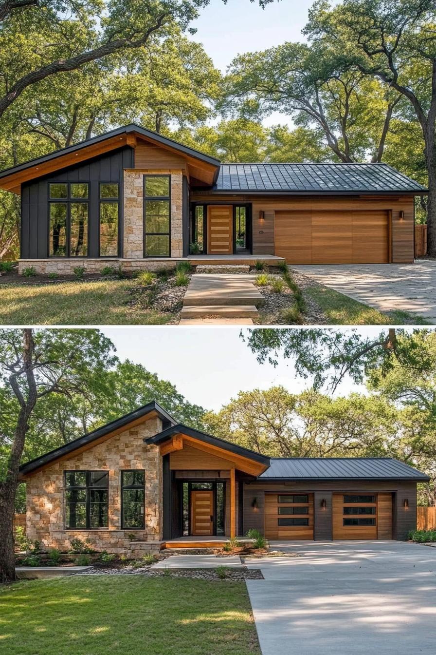 Modern ranch house surrounded by trees with stone and wood facade