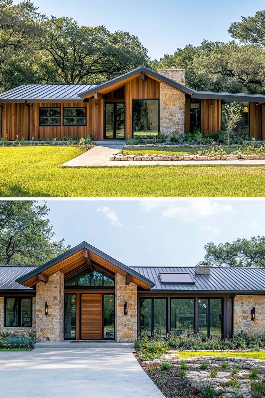 Ranch-style home with stone facade and sleek metal roof