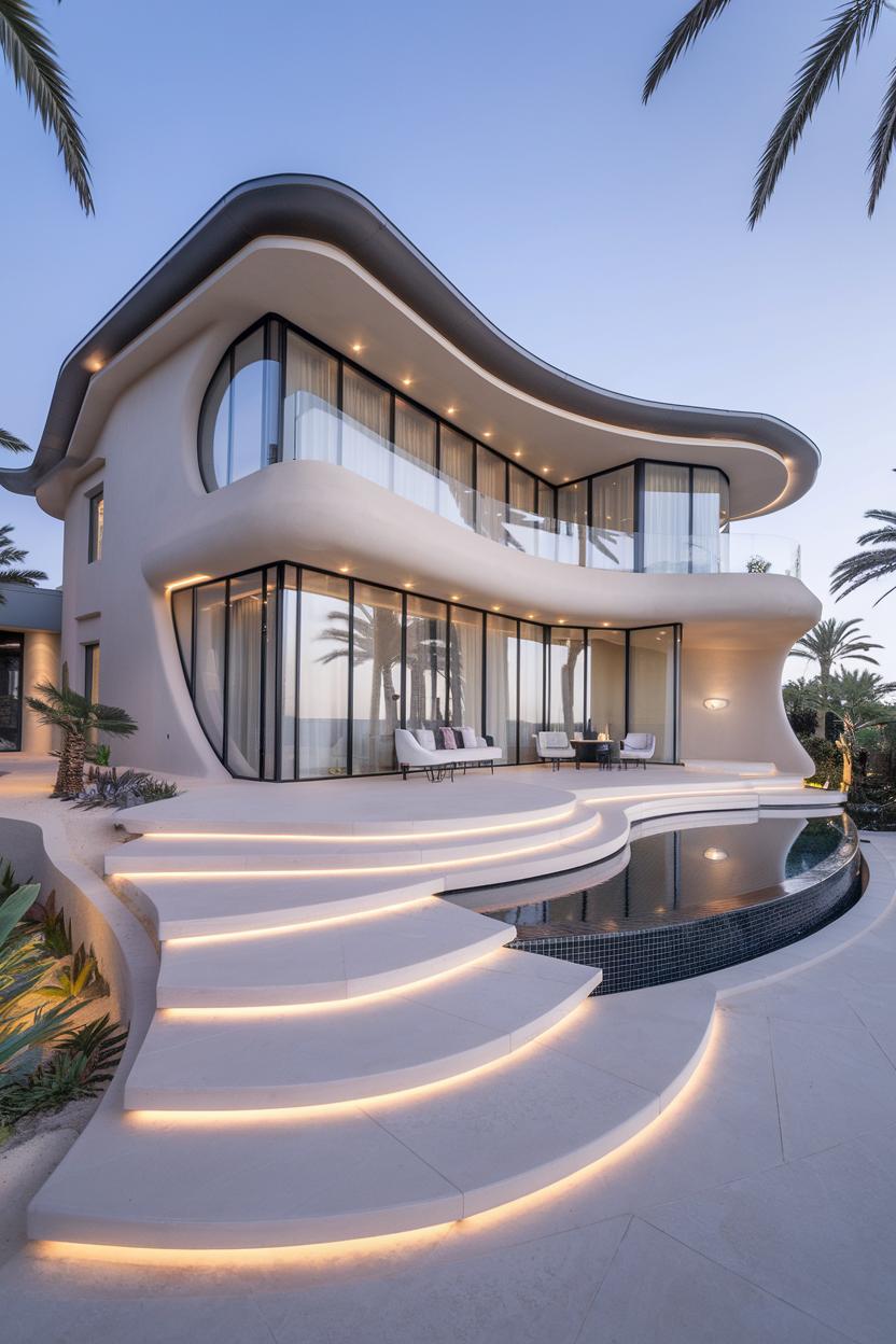 Stylish modern house with curved design and pool