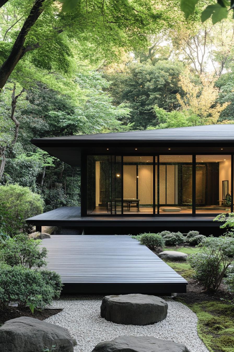 Minimalist house with floor-to-ceiling windows in a lush garden