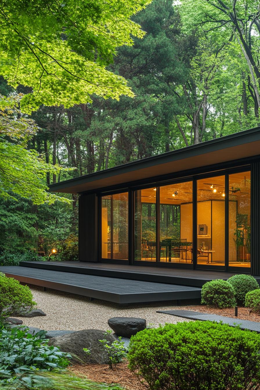 Minimalist house with glass facade and wooden deck surrounded by lush greenery