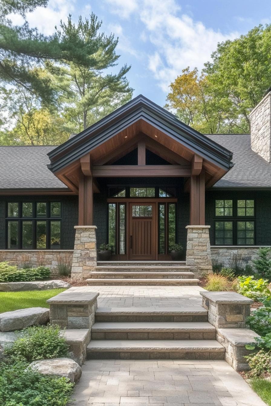 Front view of a modern craftsman house with stone and wood elements