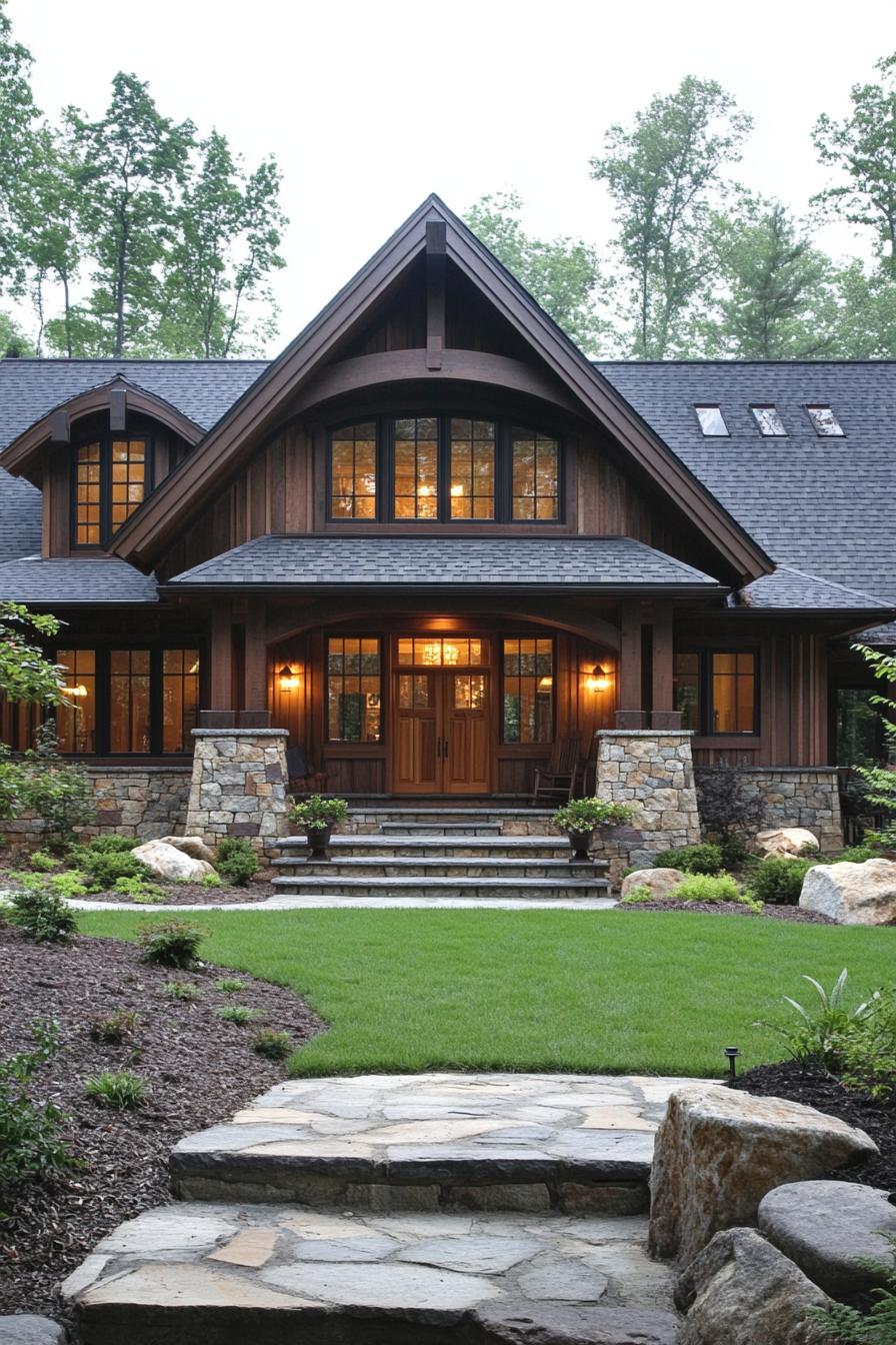 Charming modern craftsman house with stone features and lush greenery