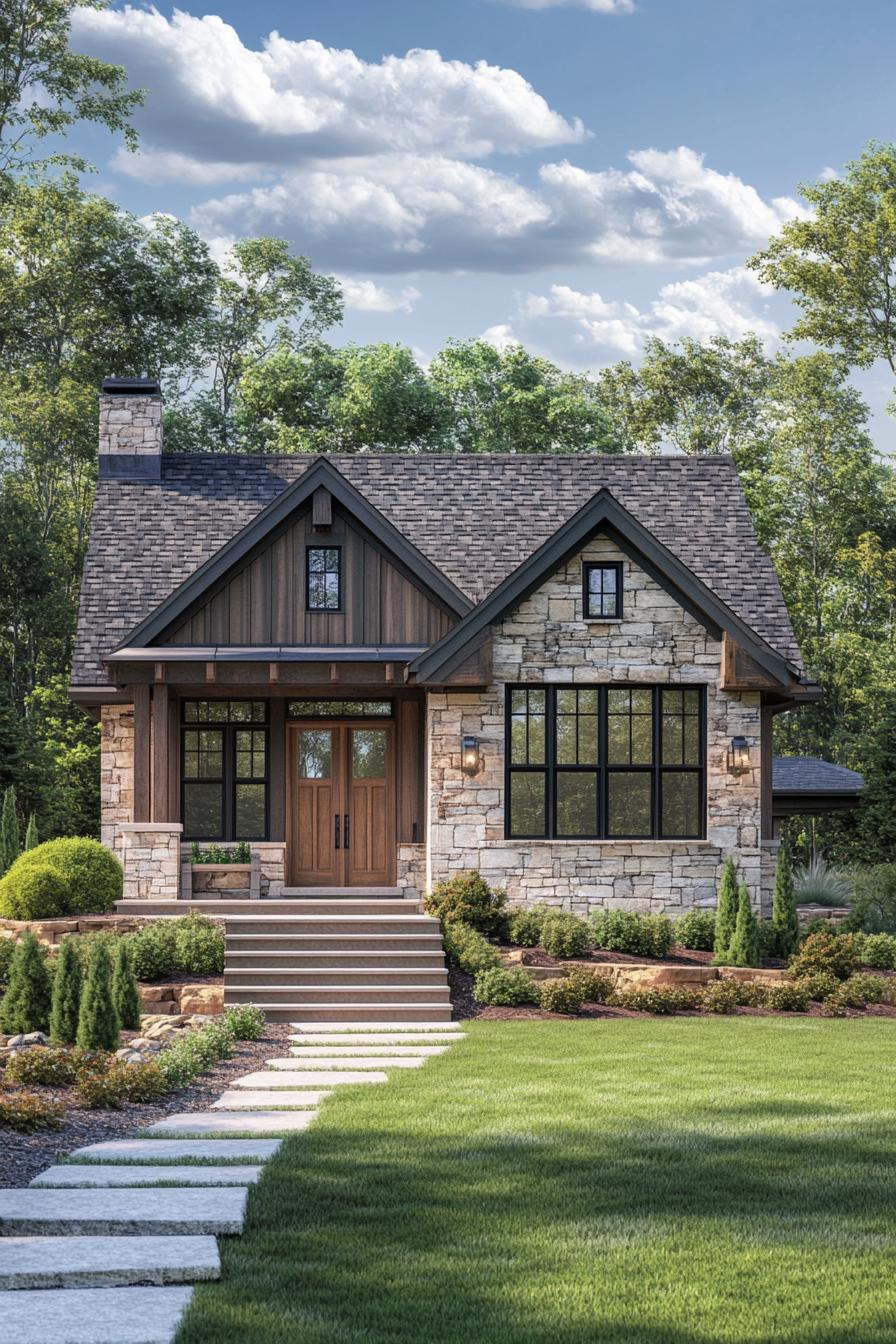 Modern craftsman house with stone façade and lush greenery