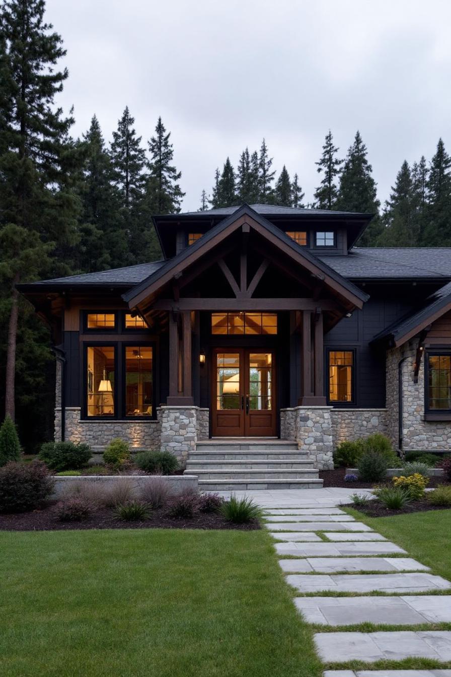 Modern craftsman house with stone and wood accents in a forest setting