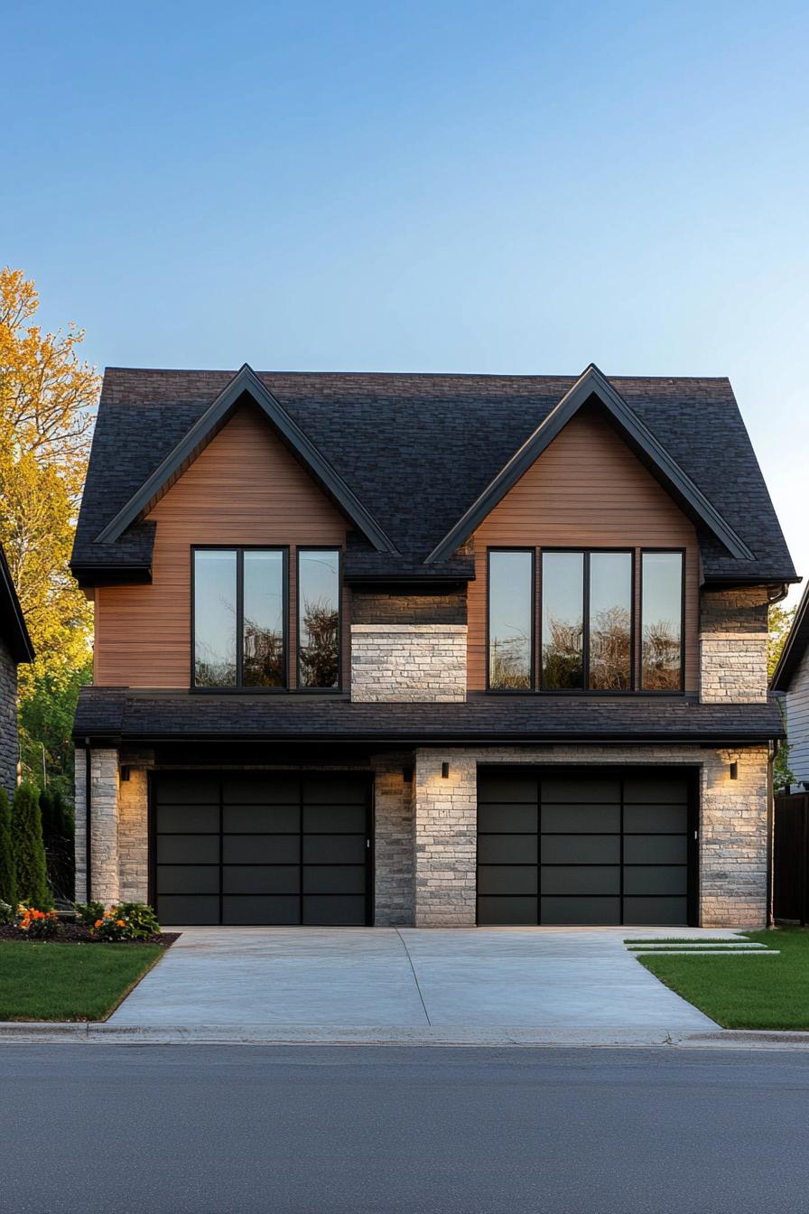 Stylish modern duplex with twin gable roofs and brick facade