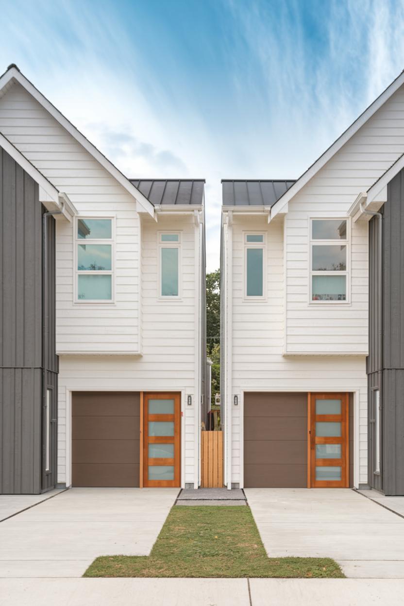 Two modern duplexes with symmetrical gabled roofs