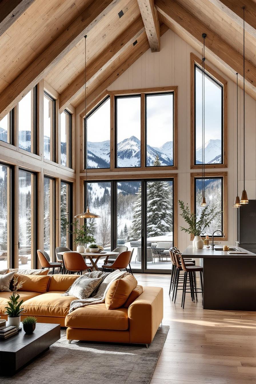 Cabin interior with large windows and mountain views